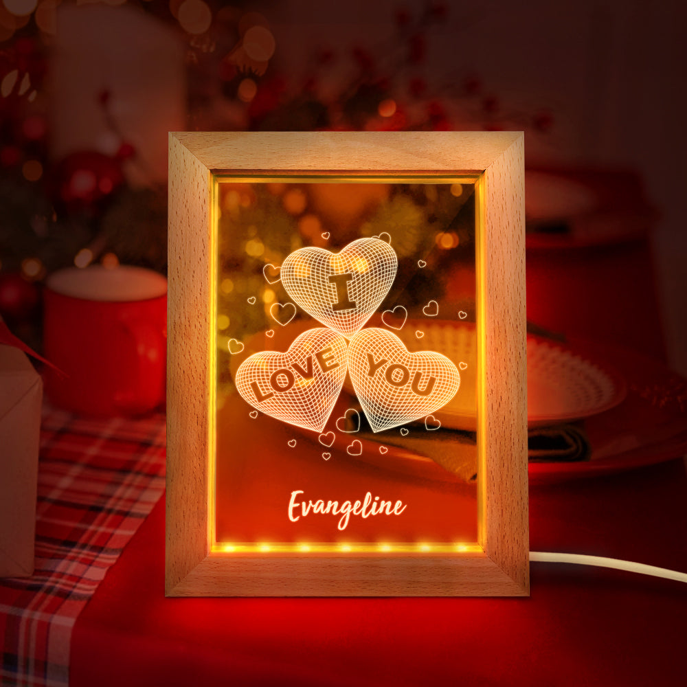 Personalized Wooden Frame Light I Love You 3D Three Hearts Night Light